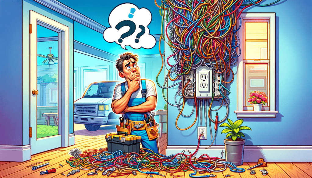 A man staring at a fuse box full of dangerious wires nested in a mess