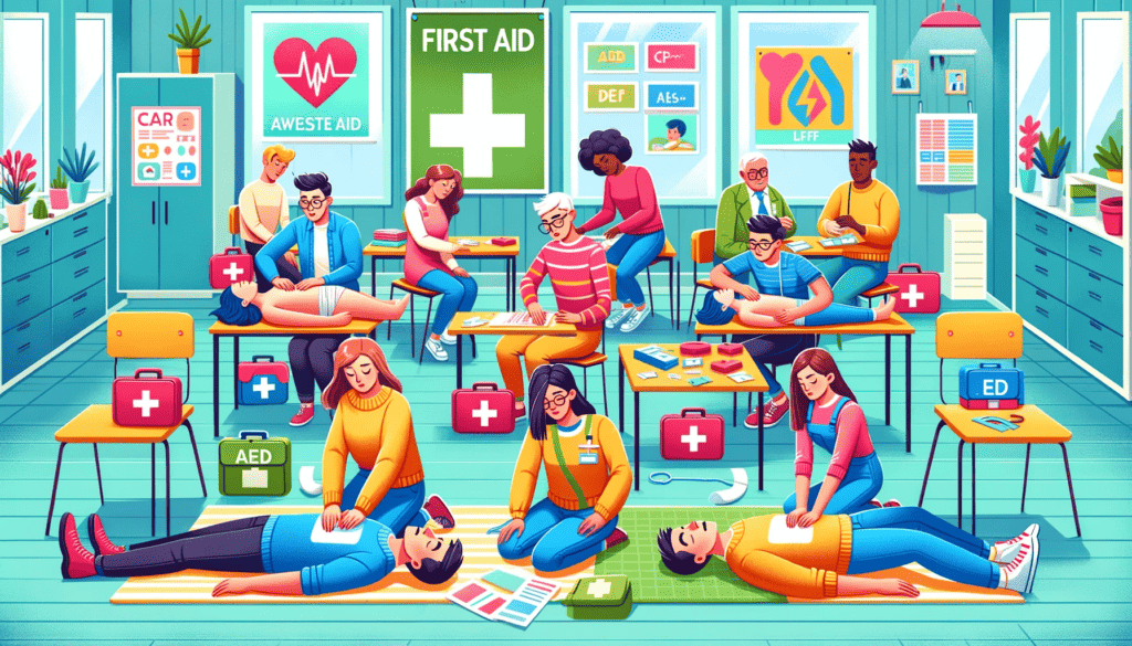 Several students attempt to learn basic first aid in a classroom