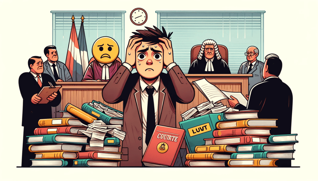 A man sits infront of a judge with a pile of law books, ethics books etc and looks flustered