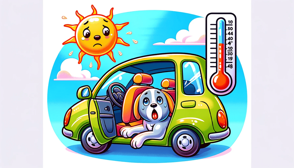 a cartoon dog shown panting in a car on a hot day