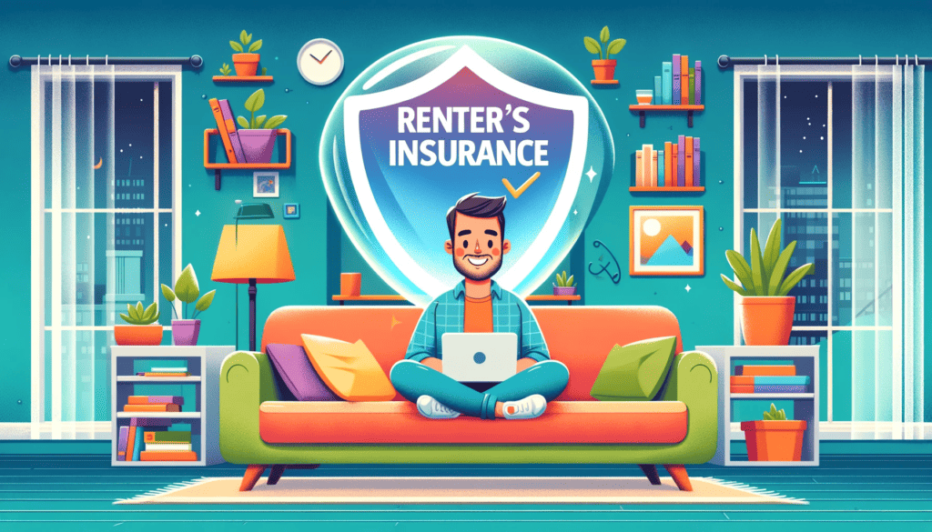 A person sits on the couch with a big smile knowing hes covered because he owns renters insurance